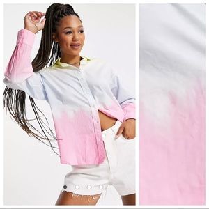 NWT. Stradivarius Poplin Button-up Ling-Sleeve Shirt in Tie-Dye. Size S.